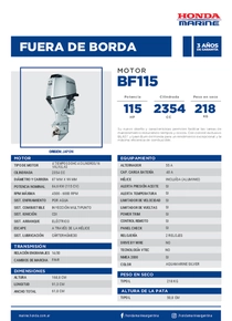 Motor Fuera de Borda Honda BF115 DBW - Ficha del Fabricante