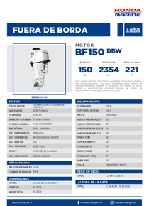 Motor Fuera de Borda Honda BF150 DBW - Ficha del Fabricante