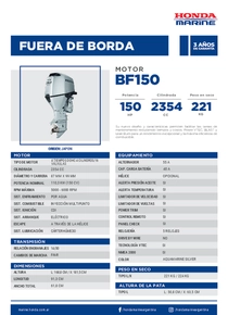 Motor Fuera de Borda Honda BF150 - Ficha del Fabricante