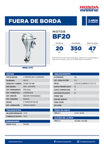 Motor Fuera de Borda Honda BF20 Pata Larga - Ficha del Fabricante