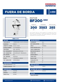 Motor Fuera de Borda Honda BF200 DBW - Ficha del Fabricante
