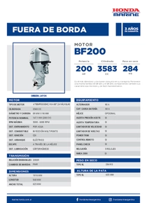Motor Fuera de Borda Honda BF200 - Ficha del Fabricante