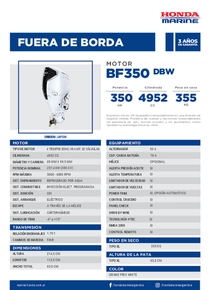 Motor Fuera de Borda Honda BF350 DBW - Ficha del Fabricante