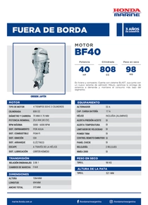 Motor Fuera de Borda Honda BF40 - Ficha del Fabricante