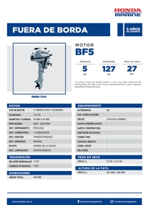 Motor Fuera de Borda Honda BF5 Pata Corta - Ficha del Fabricante