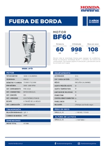 Motor Fuera de Borda Honda BF60 - Ficha del Fabricante