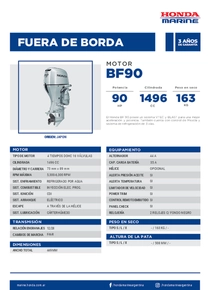 Motor Fuera de Borda Honda BF90 - Ficha del Fabricante